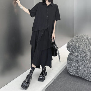 Irregular Loose Solid Color Shirt Elastic Waist Skirt