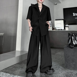 Lapel Shoulder Pad Casual Short Sleeve Shirt Wide Leg Trousers Two-piece Set