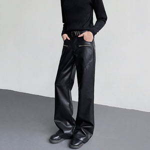 Vintage Zipper PU Leather Bootcut Trousers