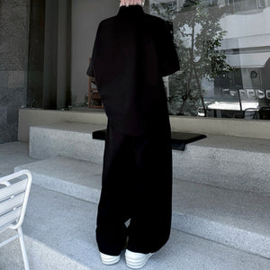 American Style Stand-up Collar Contrast Color T-shirt Zipper Wide-leg Trousers Two-piece Suit