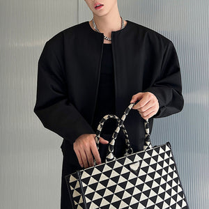Short Collarless Jacket with Shoulder Pads