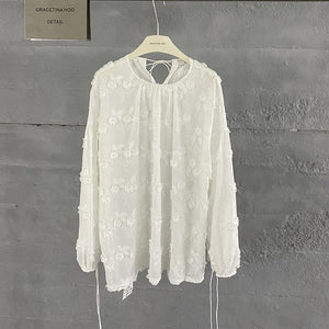Embroidered Puff Sleeves Lace Up Long Sleeve Shirt