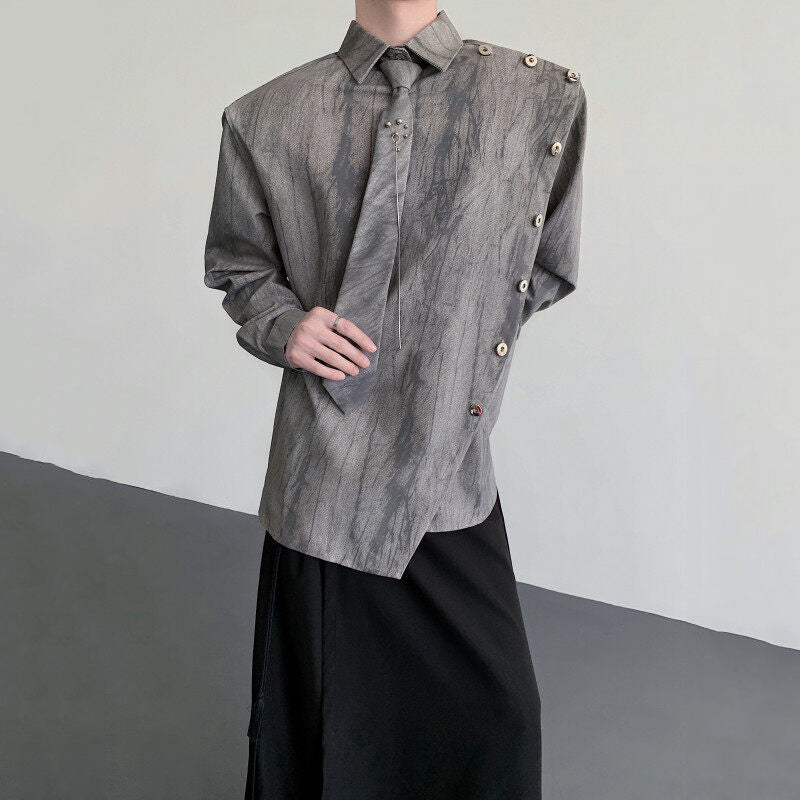 Metal Chain Tie Padded Shoulder Patchwork Shirt