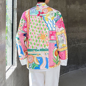 Stand-collar Disc-button Floral Jacket