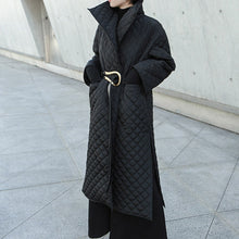 Load image into Gallery viewer, High Collar Rhombus Side Slit Long Cotton Coat
