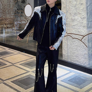 Heavy Rivet Sequin Patchwork Shoulder Pad Jacket