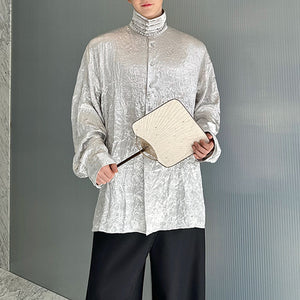 Stand Collar Pleated Disc Button Shirt