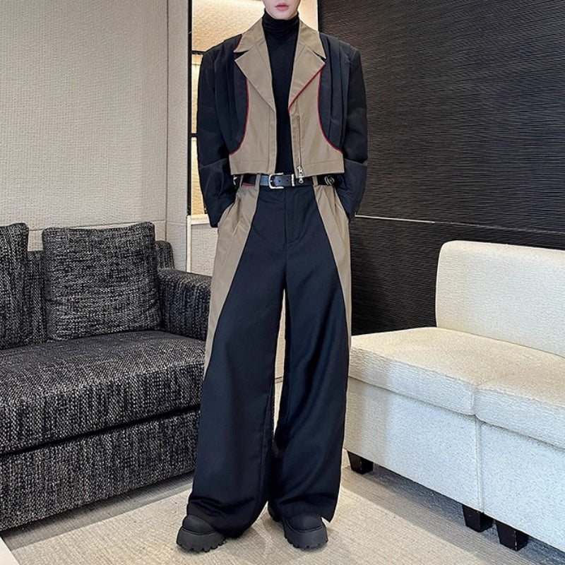 Structured Contrast Color Patchwork Pleated Jacket Fake Two-piece Pants Two-piece Suit