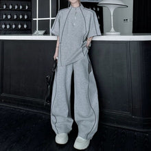 Load image into Gallery viewer, Stand-Collar Short-Sleeve Contrast Piping T-Shirt with &amp; Zip-Front Wide-Leg Trousers Two-Piece Set
