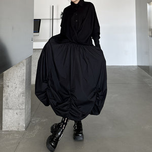 Dark Pleated Loose High Waist Puffy Skirt