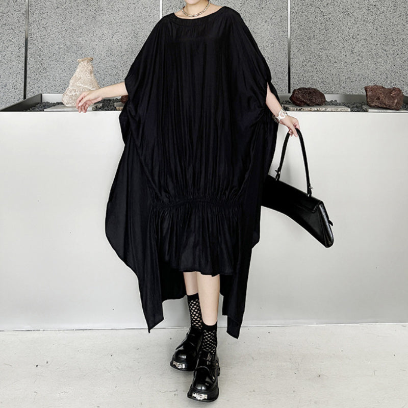 Pleated Batwing Sleeve Irregular Dress