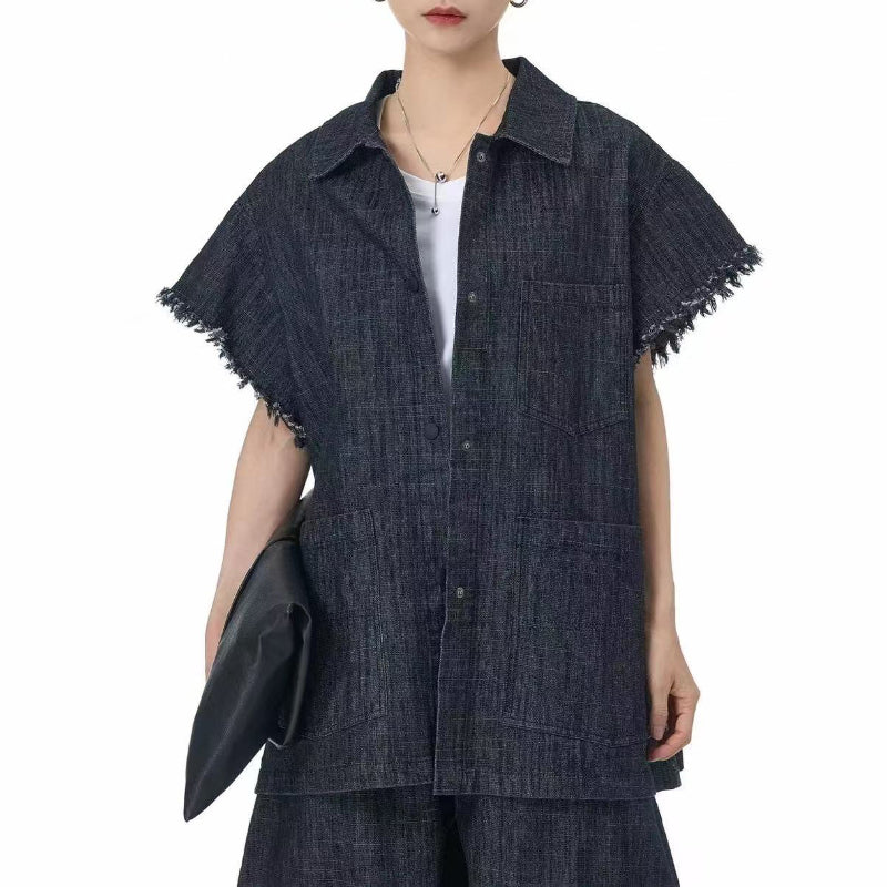 Square Neck Raw Edge Denim Vest Patchwork Jeans Two-Piece Set