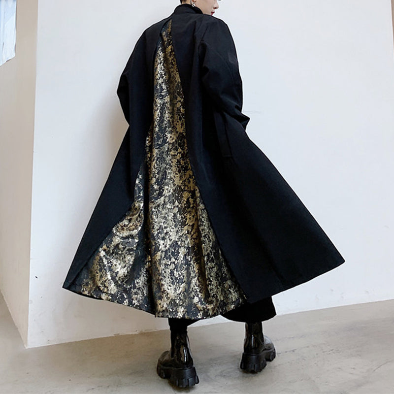 Vintage Baroque Print Patchwork Long Trench Coat