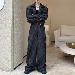 Vintage Heavy-wash Denim Jacket Distressed Wide-leg Pants Two-piece Set