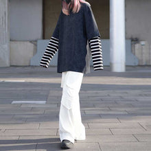 Load image into Gallery viewer, Washed Distressed Striped Patchwork Fake Two-piece T-shirt
