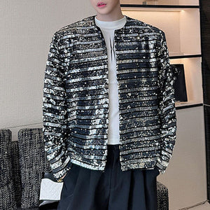 Round Neck Sequined Striped Casual Stage Jacket