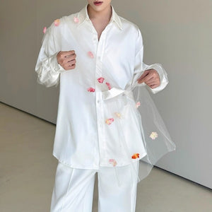 Mesh Patchwork Flower Embellishment Shirt