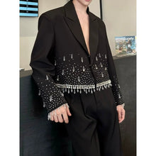 Load image into Gallery viewer, Rhinestone Crystal Fringe Cropped Lapel Blazer Straight Trousers Two-piece Set
