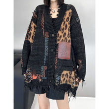 Load image into Gallery viewer, Women's Leopard Print V Neck Loose Raw Hem Cardigan Sweater
