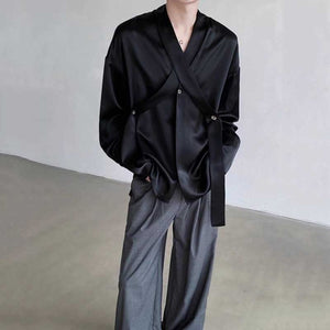 Acetate Textured Tie V-neck Drape Shirt