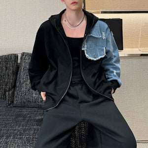 Denim Paneled Knitted Hooded Loose Jacket