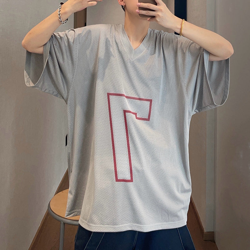 Retro Loose Sports Mesh Hollow Print T-shirt