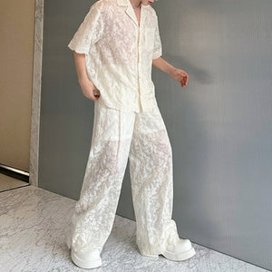 Lace Translucent Short-sleeved Shirt and Pants Suit