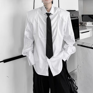 Tie-decorated Button-down Shoulder-padded Solid Color Shirt