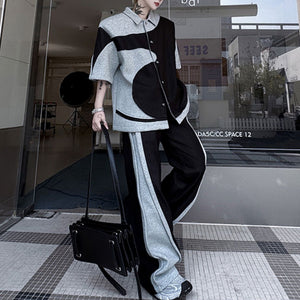 Patchwork Contrast Color Jacket Casual Loose Trousers Two-piece Set