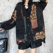 Load image into Gallery viewer, Women's Leopard Print V Neck Loose Raw Hem Cardigan Sweater
