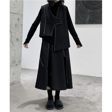 Load image into Gallery viewer, Irregular Pleated Topstitched A-Line Midi Skirt
