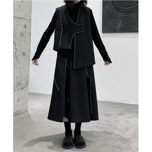 Irregular Pleated Topstitched A-Line Midi Skirt