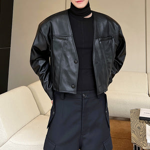 Short Black V-Neck Casual Leather Jacket