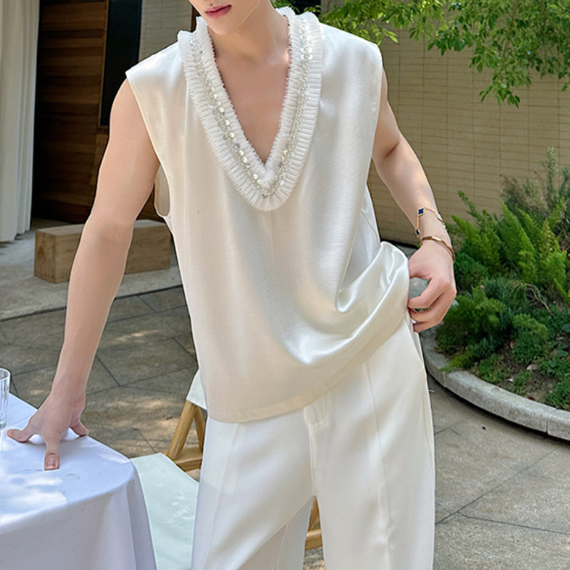Pearl Flower Large V-Neck Sleeveless Satin Vest