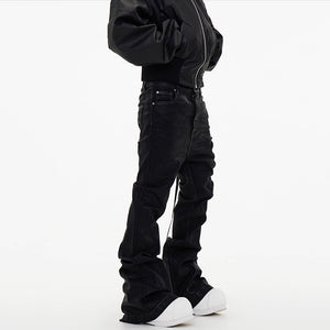 Dark Waxed Coated Ribbon Slightly Flared Mopping Stacked Denim Trousers