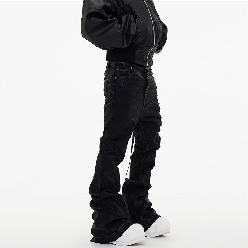 Dark Waxed Coated Ribbon Slightly Flared Mopping Stacked Denim Trousers