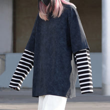 Load image into Gallery viewer, Washed Distressed Striped Patchwork Fake Two-piece T-shirt
