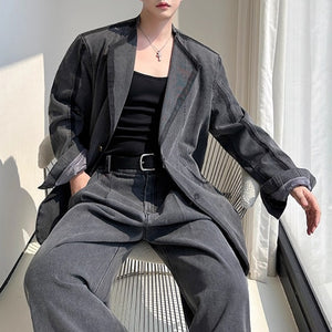 Vintage Distressed Washed Denim Jacket and Wide-leg Pants Two-piece Set
