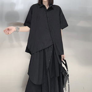 Irregular Loose Solid Color Shirt Elastic Waist Skirt