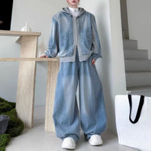 Load image into Gallery viewer, American Color-blocked Denim Jacket and Washed Wide-leg Trousers Two-piece Set
