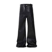 Load image into Gallery viewer, Dark Waxed Coated Ribbon Slightly Flared Mopping Stacked Denim Trousers
