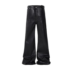 Dark Waxed Coated Ribbon Slightly Flared Mopping Stacked Denim Trousers
