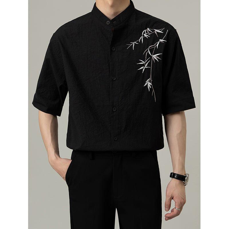 Loose Stand Collar Embroidered Shirt