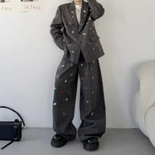 Load image into Gallery viewer, Striped Polka Dot Patch Detail Oversized Blazer Wide-leg Trousers Two-piece Set
