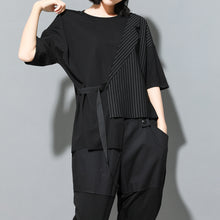 Load image into Gallery viewer, Fake Two-piece Straight Lace-up Striped Patchwork T-shirt
