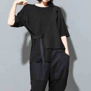 Fake Two-piece Straight Lace-up Striped Patchwork T-shirt