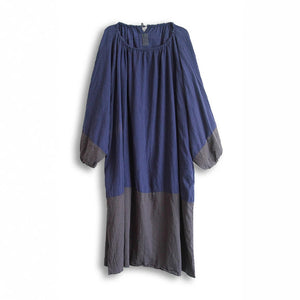 Loose Pleated Lantern Sleeve Color-block Dress