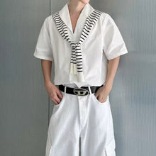 Load image into Gallery viewer, Striped Short-Sleeve Shirt with Shawl Detail
