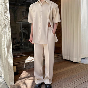 Slit Buttoned Shoulder Pad Shirt Wide Leg Trousers Two-Piece Set