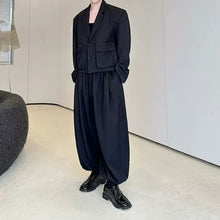 Load image into Gallery viewer, Cropped Flap Pocket Blazer Draped Pleated Cuffed Wide-leg Trousers Two-piece Set
